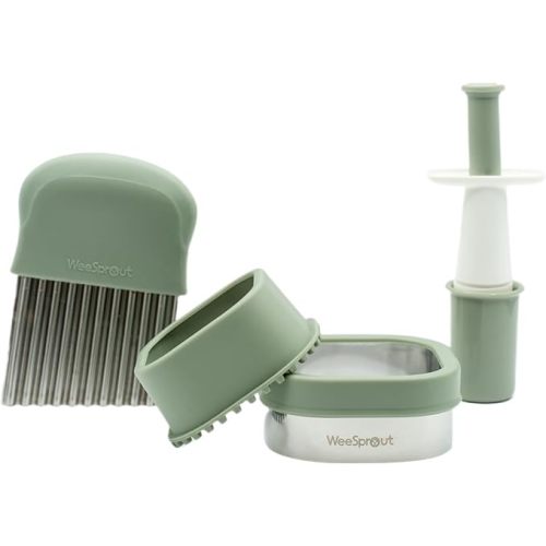 Baby Led Weaning Kitchen Tool Set, Includes Crinkle Cutter, Grape Cutter & Sandwich Cutter, Made In Collaboration With Feeding Specialist, Durable & Dishwasher Safe, Matte Green