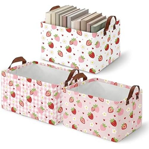 3 Pack Strawberry Storage Baskets for Gifts Strawberry Empty Large Collapsible Toy Storage Bins Box Pink Canvas Baskets Organizer with Handles Cute Nursery Decor Laundry Basket for Shelves Closet