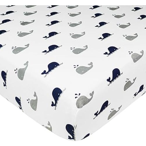 American Baby Company Fitted Crib Sheet 28" x 52", Soft Breathable Neutral 100% Cotton Jersey Sheet, Navy Whale, for Boys and Girls, Fits Crib and Toddler Bed mattresses