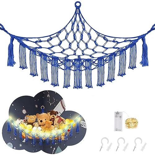 Stuffed Animal Hammock with LED Light, Toy Hammock for Stuffed Animals Storage for Kids Room Decor, Stuffed Animal Hammock Corner, Royal Blue