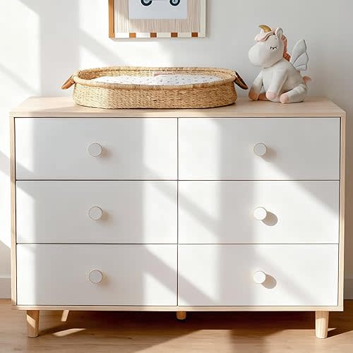 White Dresser for Bedroom, 6 Drawer Dressers with Solid Wood Legs, Baby Dresser for Kids, Storage for Clothes and Baby Essentials