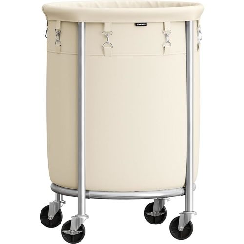 SONGMICS Laundry Basket with Wheels, Rolling Laundry Hamper, 29 Gal., Round Laundry Cart with Steel Frame and Removable Bag, 4 Casters and 2 Brakes, Cream and Silver URLS002W01
