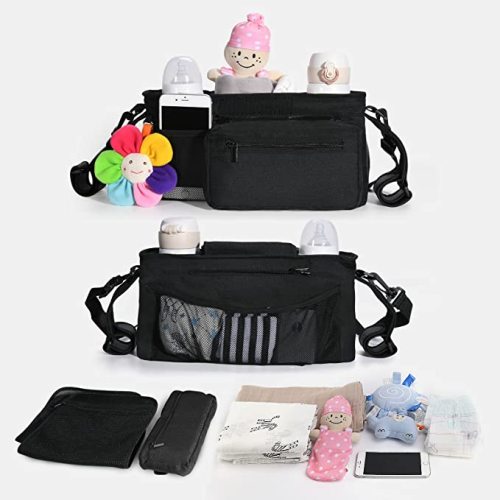 Momcozy Stroller Organizer, with 2 Non-Slip Stickers and 2 Large Capacity and Detachable Mesh Bags, Fits All Strollers Like Britax, Uppababy, Baby Jogger Stroller - Dark Black