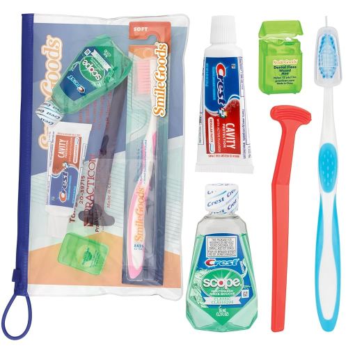 Practicon Adult Dental Care Kit, Travel Size Bundle w/Toothbrush with Cover, Crest Toothpaste, Floss, Tongue Cleaner and Scope Mouthwash, TSA Compliant Oral Care Kit
