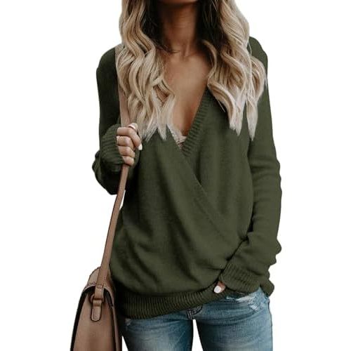 softome Womens 2025 Deep V-Neck Wrap Sweaters Long Sleeve Front Cross Loose Knitted Pullover Jumper Fall Winter Tops