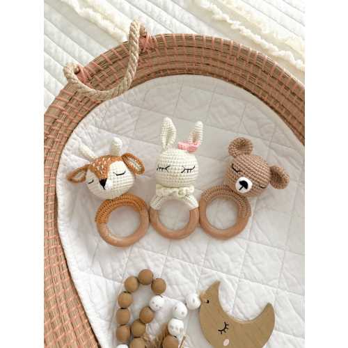 Personalized Baby Rattle • New Baby Gift • Organic Baby Shower Toy • Custom Engraved Animal Rattle • Montessori Style Crochet Toy