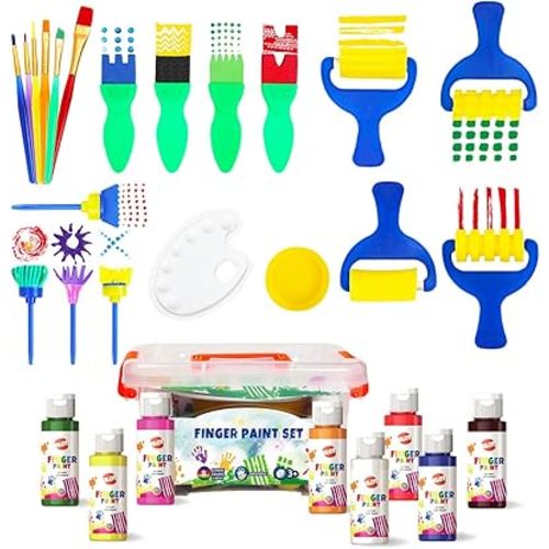 Early Learning Kids Paint Set Washable Finger Paint with Assorted Painting Brushes Sponges Portable Case for Kids Toddlers Drawing Gifts Age 3+