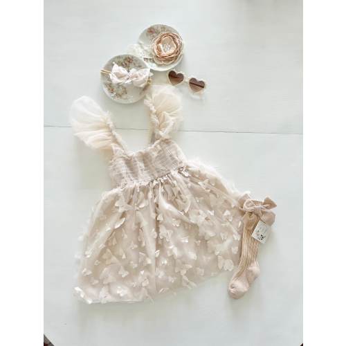 Baby Girl Summer Fall Boho Butterfly Tulle Dress or Romper, Neutral Ivory Cream Lace Bow Coming Home Outfit Summer Wedding Flower Girl