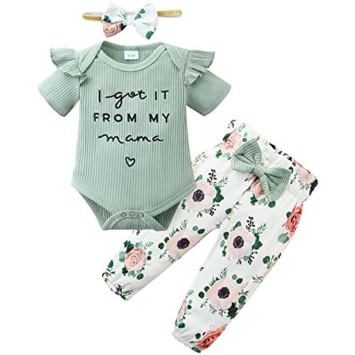 DISAUR Baby Girls Clothes Newborn Infant Baby Girls Outfit Long Sleeve Ruffle Romper Floral Pants Headband Sets 0-18 Months