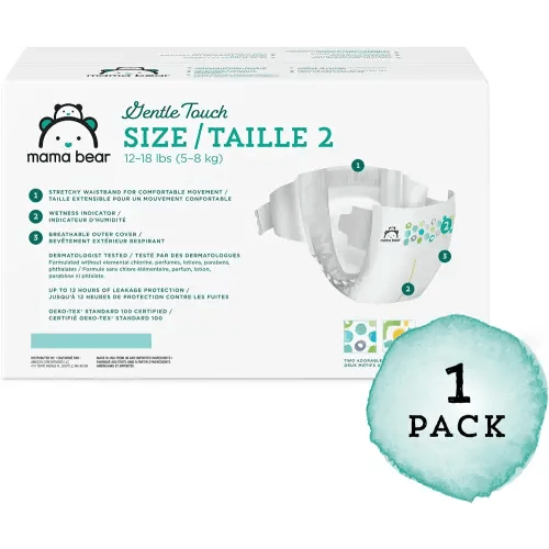 Amazon Brand - Mama Bear Gentle Touch Diapers, Hypoallergenic, Size 2, 184 Count (4 packs of 46), White