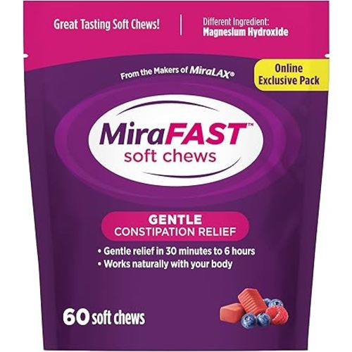 MiraFAST Soft Chews, from the Makers of MiraLAX, Gentle Constipation Relief, Fast Acting, Stimulant Free Saline Laxative, Magnesium Hydroxide, Blueberry & Raspberry Flavor, 60ct