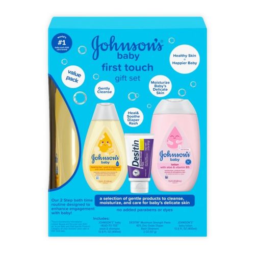 Johnson's First Touch Baby Gift Set Includes Baby Bath Wash & Shampoo, Body Lotion, & Diaper Rash Cream - 3ct