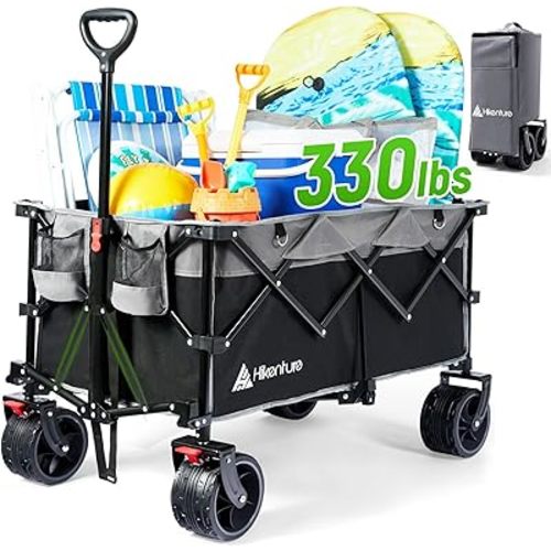 Hikenture Collapsible Wagon Cart, 330lbs Capacity Beach Wagon with Big Wheels for Sand, Heavy Duty Foldable Wagon with Brakes, Portable Utility Folding Garden Cart for Outdoor