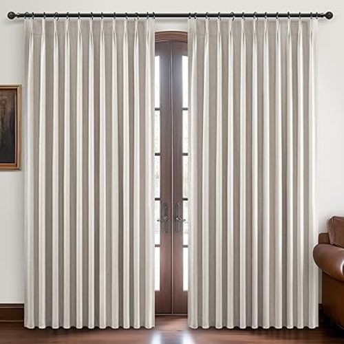 Curtains 70 Inch Length Wide Pinch Pleated Blackout Curtain for Sliding Glass Door/Living Room, Farmhouse Natural Linen Thick Boho Bedroom Heavy Insulated Large Window Drapes (70"Wx90"Lx2Panels)