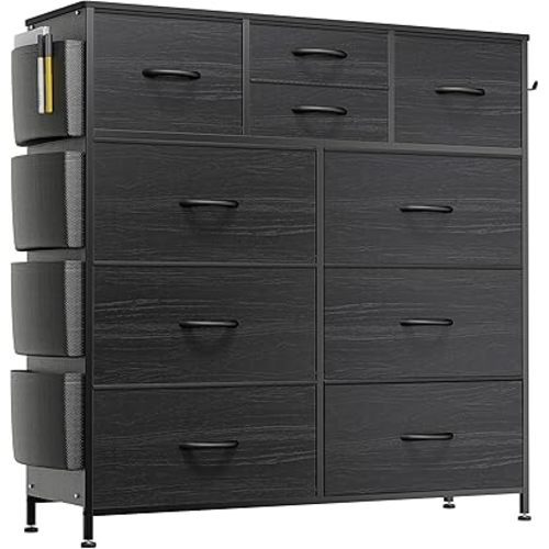 Lulive Dresser for Bedroom with 10 Drawers, Chest of Drawers, Fabric Storage Tower with Side Pockets and Hooks, Organizer Unit for Living Room, Hallway, Closet