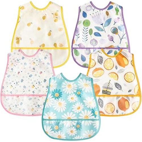 R HORSE 5Pcs Baby Bibs Set Toddler Bibs with Crumb Catcher Pocket & Snap Button Waterproof Baby Feeding Bibs for 6-24 Months