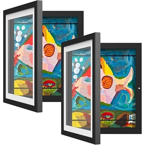 2 Pack Kids Art Frames, Kids Artwork Frames Changeable 8 x10.5 with Mat and 9 x12 Without Mat, Black Front Opening Children Picture Storage Frame for Wall Holds 50Pcs Crafts, Drawing, Art Projects