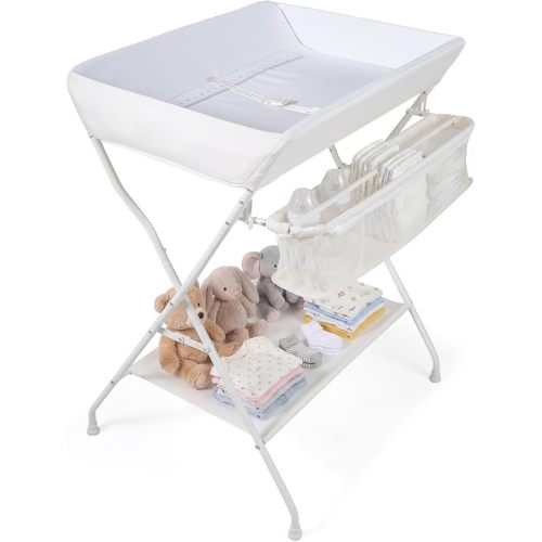 Costzon Changing Table, Portable Baby Changing Table Foldable Diaper Changing Station with Safety Belt, Large Storage Rack & Shelf, Nursery Organizer for Newborn Infant (Beige)