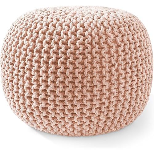 Casafield Round Pouf Ottoman, Light Pink - 20" Diameter x 14.5" High Cotton Knit Foot Stool - Boho Floor Pouffe for Living Room, Bedroom, Home Office