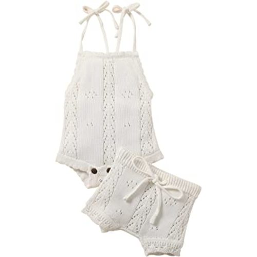 Qiylii Newborn Baby Girls Boys Summer Beach Clothes, Solid Lace-up Knitted Backless Rompers + Drawstring Shorts 2PC Set