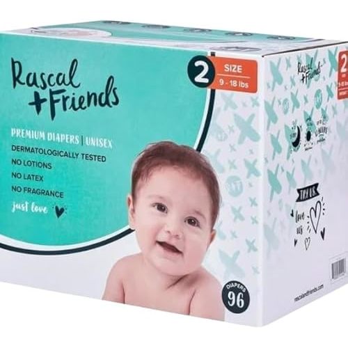 Rascal & Friends Premium Diapers – Size 2, 96 Count – Ultra-Gentle for Delicate Skin