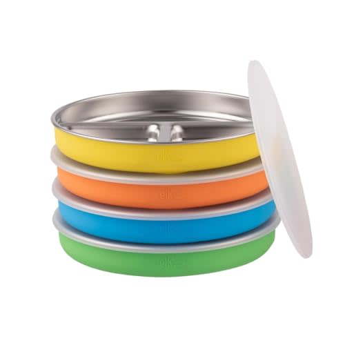 Elk and Friends Stainless Steel Divided Plates with Normal Sleeve for Babies & Toddlers | Lids Included Dinner & Snack Plates | 4 Pack