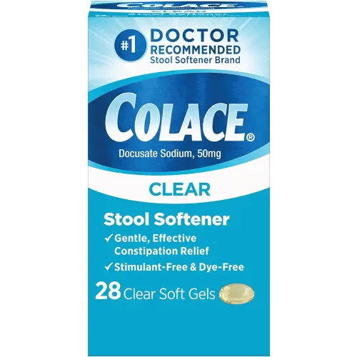 Colace Clear Stool Softener Soft Gel Capsules Constipation Relief 50mg Docusate Sodium Doctor Recommended 28ct