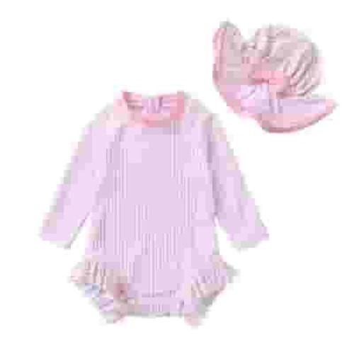 Younger Tree Baby Girl Swimsuit Long Sleeve Rash Guard One Piece Swimwear Hat Bathing Suit Set for 6-12 Months