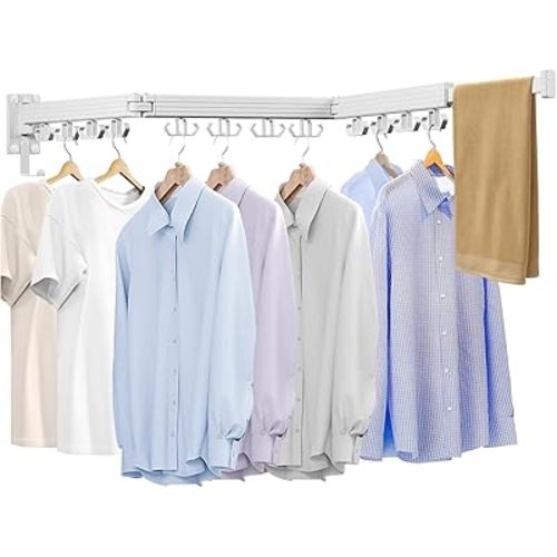 Wall Mounted Clothes Drying Rack, Laundry Drying Rack Wall Mount, 3-Fold Drying Rack Clothing, Foldable Clothes Drying Rack with 12 Dual Hooks Organization for Laundry Room Indoor - White