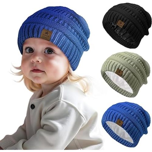 Durio 3 Pcs Satin Lined Beanie for Baby Girl Winter Hat Knit Warm Toddler Beanies for Babies Infant Boys Winter Hats for Kids