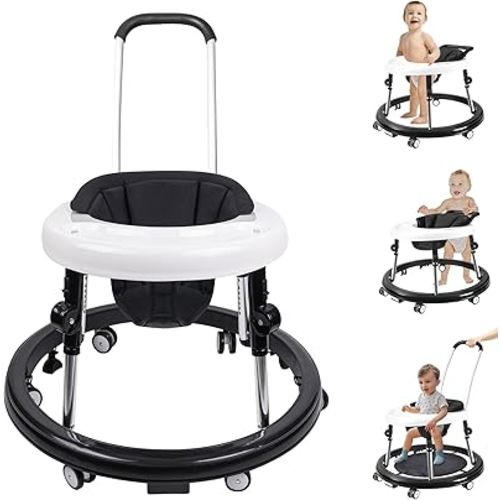 Baby Walker with Wheels, 3 in 1 Activity Center with Mute Wheels Anti-Rollover, 9-Gear Height Adjustable Foldable Baby Walker for Boys and Girls from 6-18 Months with Push Handle, Footrest