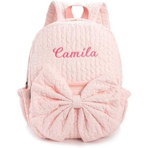 Daycare Backpack Personalized Seersucker Backpack with Bowknot Custom Small Embroidered Daypack Overnight Daycare Bags (Pink Large Bowknot)