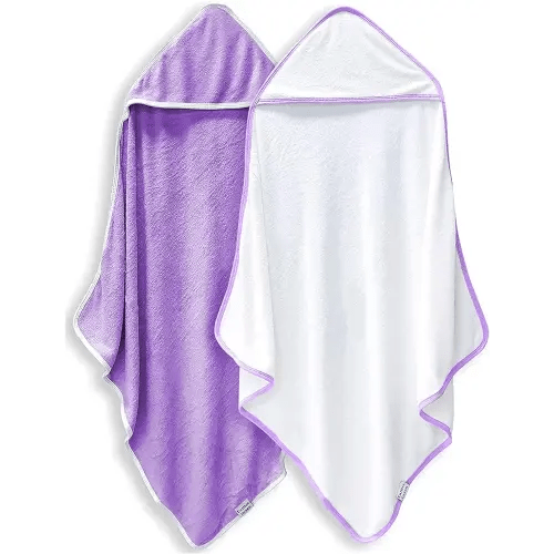 2 Pack Baby Bath Towel - Rayon Made from Bamboo, Ultra Soft Hooded Towels for Babies,Toddler,Infant - Newborn Essential -Perfect Baby Registry Gifts for Boy Girl (White and Violet, 30 x 30 Inch)