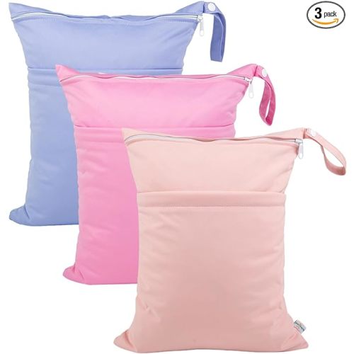 babygoal Wet Dry Bags for Baby Cloth Diapers, Washable Travel Bags, Beach, Pool, Gym Bag for Swimsuits & Wet Clothes with 2 Pockets 3 Pack 3LN09 - Pink