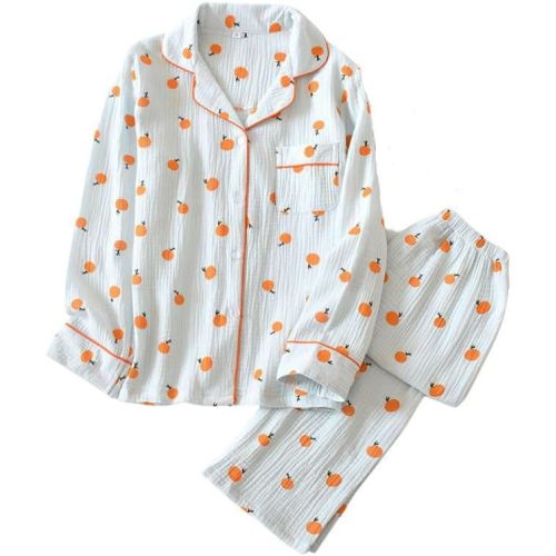 Womens Cotton Gauze Pajama Set Long Sleeve Button Up Shirt and Pants 2 Piece Cute Printed Pj Set