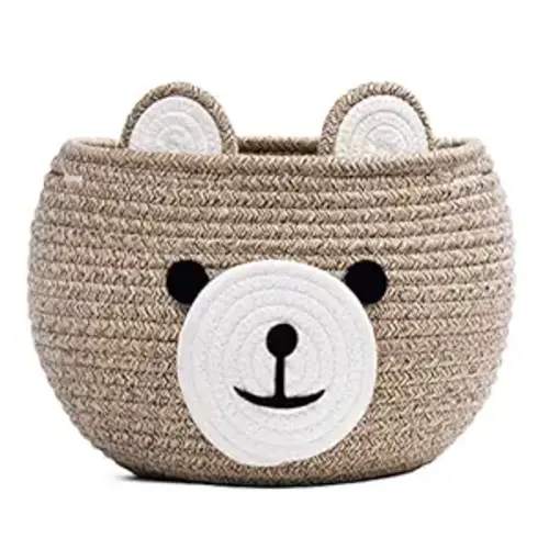 CherryNow Baby Basket for Nursery, Bear Gift Baskets for Kids, Baby Shower Basket with Handles, Small Cute Animal Baskets, Light Brown, 10.5"D x 8.5"H