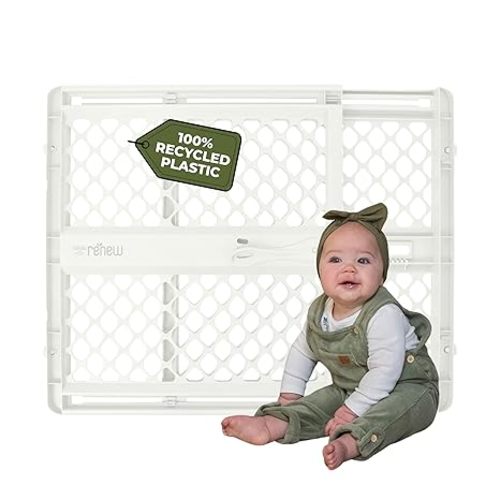 Toddleroo by North States - Renew 100% Recycled Plastic Baby Gate for Doorway; Sturdy for Indoor & Outdoor Use: Pressure Mounted, No Drill Gate; Made in USA; 26" to 42" Wide, 26" Tall; Sandstone
