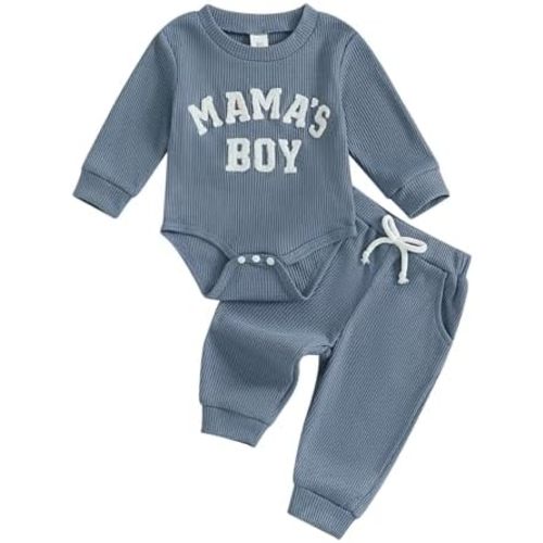 ZAXARRA Newborn Boy Clothes Mama Boy Embroidered Long Sleeve Romper Waffle Ribbed Pants Set Baby Fall Winter Outfit
