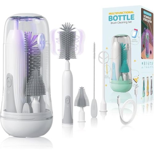 Electric Travel Baby Bottle Brush Set with Storage Box, Automatic Bottle Cleaner Brush Kit with Silicone Bottle/Nipple/Straw Brush, Milk Frother Electric and Drainage Rack, Rechargeable, Gray
