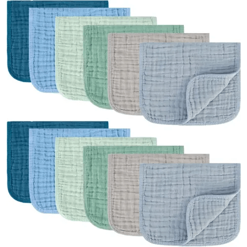 Muslin Burp Cloths 100% Cotton Pack of 12. Soft, Gentle & Absorbent Baby Burp Cloths for Baby Girl & Boys.(Blue & Green 12 Pieces)