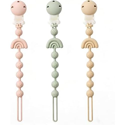 Baby Pacifier Clips One Piece Binky Clip Holder Silicone Teether Clip Pacifier Straps with Clip Baby Teether Toys for Boys and Girls Set of 3 Andy Bear-Ivory+Sage+Blush