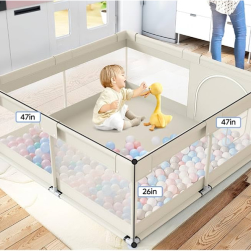 Fodoss Baby Playpen, Upgrade Playpen for Babies and Toddlers, 47x47inch Beige Play Pen for Babies with Hand Pulling Ring, Play Pen Center for Kids,Baby Fence,Kids Playards
