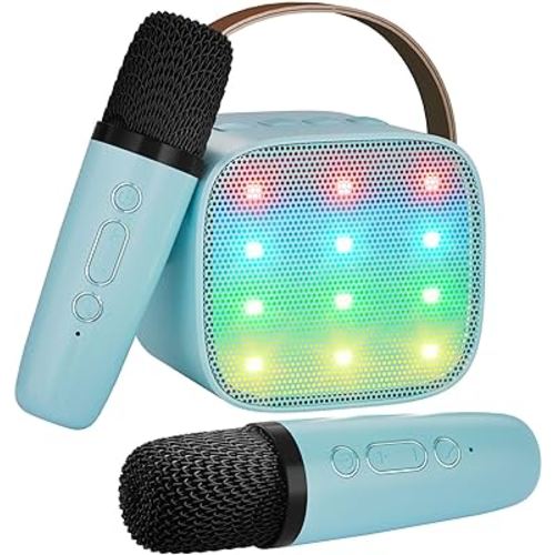 VERKB Kids Karaoke Machine, Kids Toys for Girls and Boys Gifts, Portable Bluetooth Speaker with 2 Wireless Microphone for Kids Adults Toddler Girls Home Party Birthday Gift (Blue)