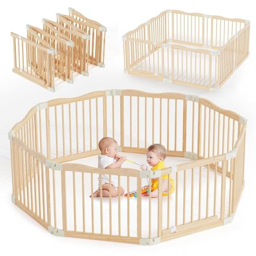 Foldable Wooden Playpen - Adjustable Wood Baby Play Yard with Child-Proof Lock, Indoor Large Safety Fence for Babies and Toddlers - Easy Assembly, 8 Panels