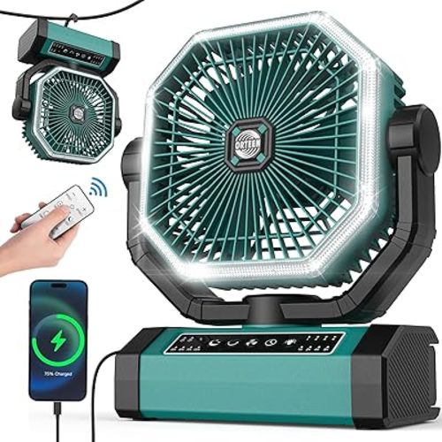 Portable Rechargeable 9-Inch Camping Fan - 10000mAh Battery, Auto Oscillation, Remote Control, 4 Speeds, 4 Timing, Outdoor