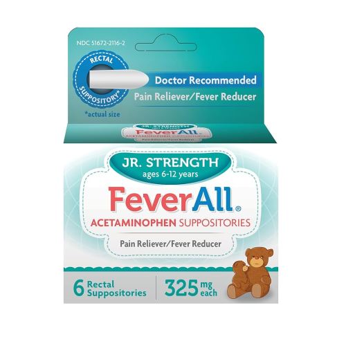 Feverall Children Acetaminophen Suppositories 6 Rectal Suppositories 325mg Each Pain Reliever/Fever Reducer. Paraben Free, No Artificial Colors or Other preservatives. Ages 6-12 Years