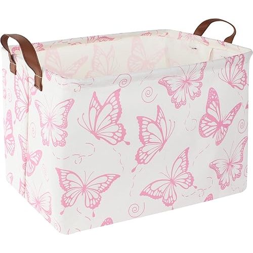 CLOCOR Pink Basket,Collapsible Cute Pattern Storage Bin,Waterproof Storage Box with Handles,Toy Gift Organizer,Shelf Basket(Pink Butterfly)