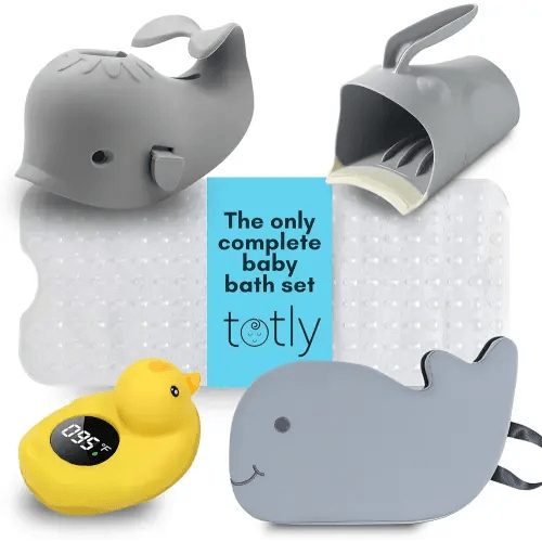 5pcs Baby Bath Essentials Set - Complete Bathtime Kit with Rinse Cup, Spout Cover, Kneeler, Thermometer & Non-Slip Mat for Newborn