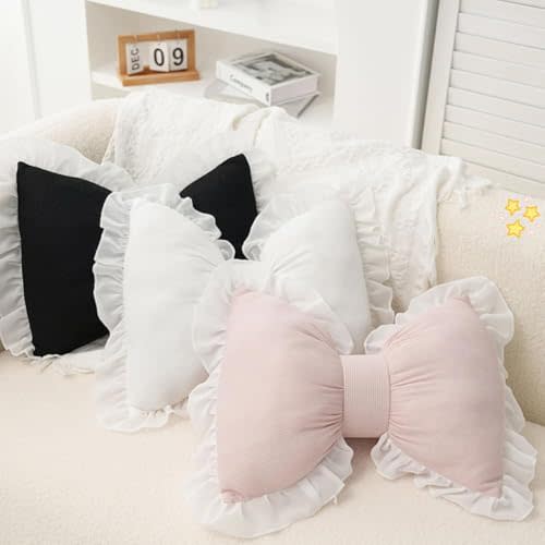 OWTERY 15 in Bow Pillow Bow Shaped Pillow Decorative - 3 Colors Cute Bow Shaped Pillows, Lace Bowknot Throw Pillow, Bow Throw Pillow, Pink Bow Pillow for Sofa Couch Bed Living Room Bedroom (White)