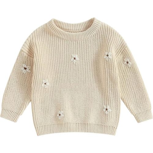 Afunbaby Baby Girl Boy Knit Sweater Blouse Pullover Sweatshirt Warm Crewneck Long Sleeve Tops for Infant Toddler (Floral-Knit Cream, 3-6 Months)